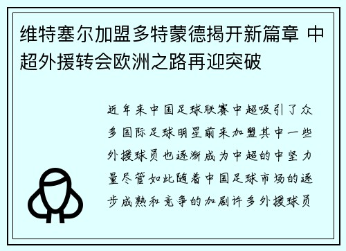 维特塞尔加盟多特蒙德揭开新篇章 中超外援转会欧洲之路再迎突破
