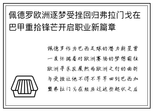 佩德罗欧洲逐梦受挫回归弗拉门戈在巴甲重拾锋芒开启职业新篇章