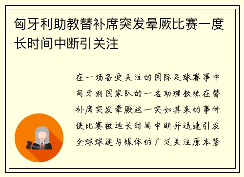匈牙利助教替补席突发晕厥比赛一度长时间中断引关注